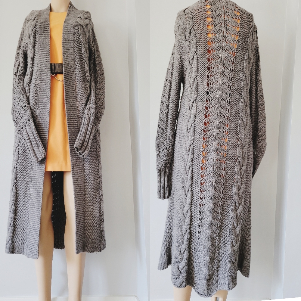 Free People Cable Knit Long Cardigan Gray Size Small